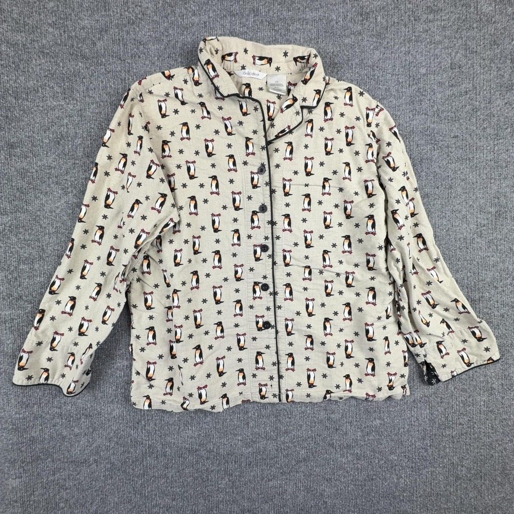Delicates Pajama Top Womens Large Beige Penguin Print Flannel Long Sleeve Button